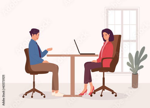Side View Of Smiling Woman Manager Interviewing A Male Candidate At Office. Full Length.