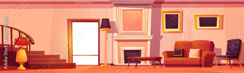 Couch and fireplace in luxury living room interior cartoon background. Coffee table, armchair and golden picture frame on wall retro livingroom furniture illustration. Retro environment with staircase