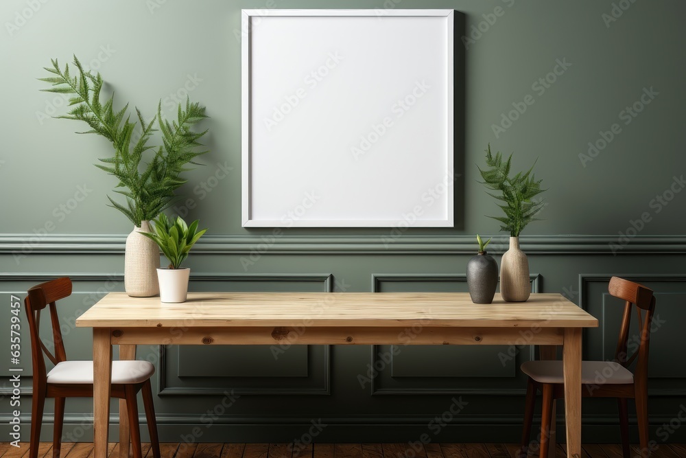 A pristine white wall frame mockup hanging on a vibrant green wall, positioned above a ensemble of wooden table and chairs. Photorealistic illustration, Generative AI A pristine white wall frame mockup hanging on a vibrant green wall, positioned above a ensemble of wooden table and chairs. Photorealistic illustration, Generative AI
