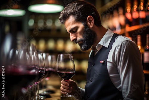 a sommelier, eyes closed in concentration, as they take a deep inhale from a glass of red wine. The blurred backdrop offers glimpses of wine bottles lining rustic wooden shelves