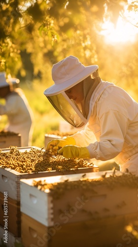 a beekeeper in protective white gear, the fine mesh of their veil softly illuminated, as they handle a frame covered in bees