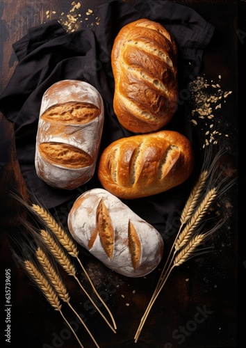 Gold crusty loaves of bread and buns on black chalkboard background. Bakery. Generative AI.