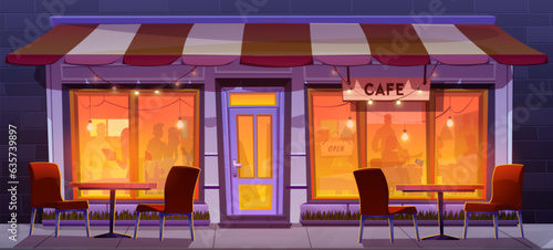 Night cafe exterior with table and chair outside. Outdoor restaurant terrace cartoon panorama illustration. People silhouette in open city coffeehouse in evening. Storefront in downtown with garland
