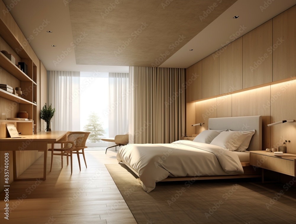 Fototapeta premium Luxurious and minimalist bedroom decoration in the interior of a hotel, home or resort with modern and attractive natural furniture with a cozy and relaxing atmosphere.