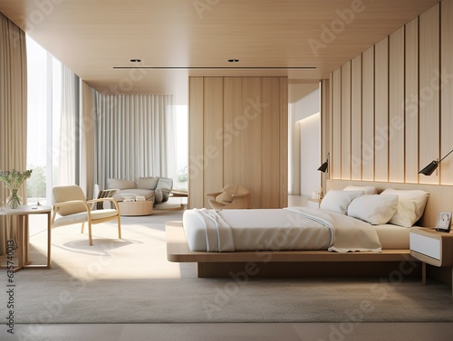 Luxurious and minimalist bedroom decoration in the interior of a hotel, home or resort with modern and attractive natural furniture with a cozy and relaxing atmosphere. © Komkit