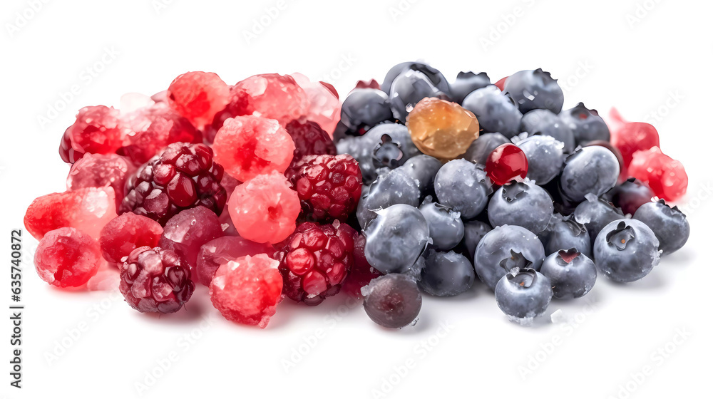 A mix of isolated frozen fresh berries covered in frost and ice crystals. On a white surface. Generative AI technology. A mix of isolated frozen fresh berries covered in frost and ice crystals. On a white surface. Generative AI technology.