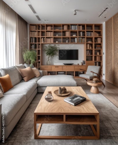 Modern living room showcasing a chic sofa close-up, sleek design, and hardwood floors. © aboutmomentsimages
