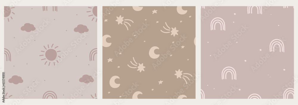 Hand drawn cute set of seamless patterns. Baby neutral print in pastel colors. Naive style. Boho sun, cloud, rainbow, stars, comet. Scandinavian decor for the nursery, baby shower, textiles Hand drawn cute set of seamless patterns. Baby neutral print in pastel colors. Naive style. Boho sun, cloud, rainbow, stars, comet. Scandinavian decor for the nursery, baby shower, textiles