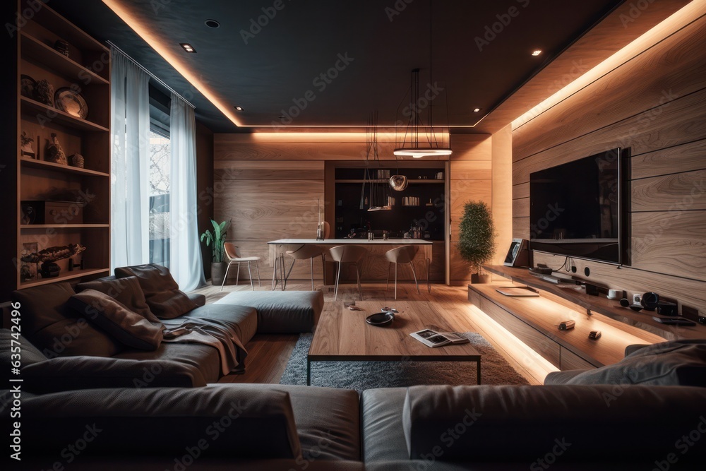 Luxurious living room with led lights, black details and a chic sofa close-up, sleek design, hardwood floors. Luxurious living room with led lights, black details and a chic sofa close-up, sleek design, hardwood floors.