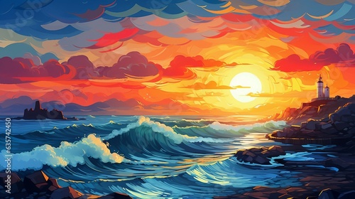 An illustration of sea waves and lighthouse at sunset AI Generated