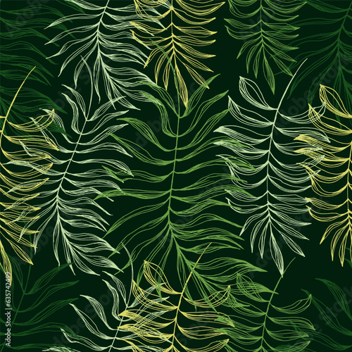 Green tropical seamless pattern background with palm leaves for decor, covers, backgrounds, wallpapers. Collage contemporary floral Modern exotic plants illustration in vector.