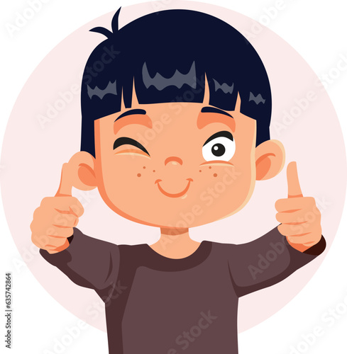 Happy Cheerful boy Asian ethnicity Showing ok sign vector cartoon. Joyful kid feeling positive and excited endorsing and recommending  
