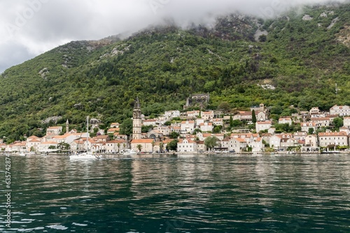 A view of Perast and Church of St. Nicholas from the Bay of Kotor, Montenegro