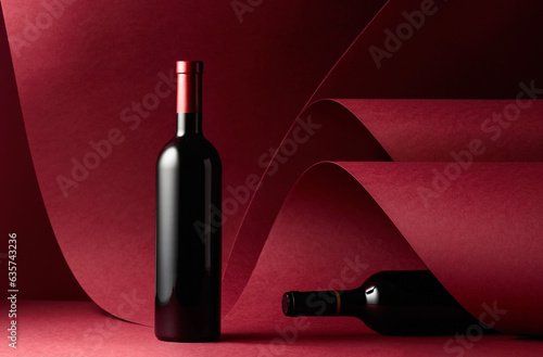 Bottles of red wine on a red background.