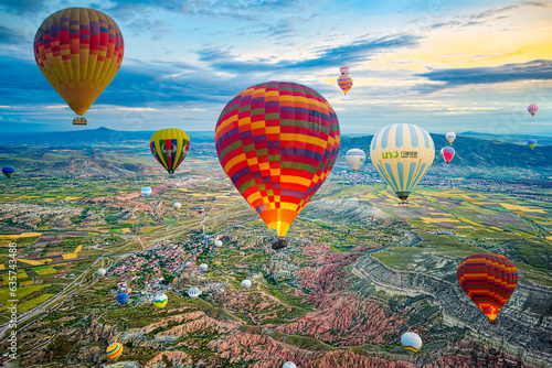 Cappadocia, Turkiye - July 07, 2023-Air balloons in Cappadocia-unreal views in valley.