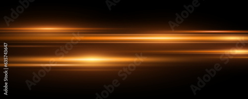 Abstract horizontal golden lights. Random beam effect on black background. Bright lens flare. Vector illustration.
