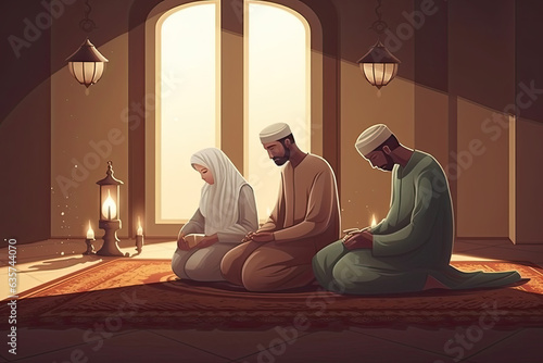 Beautiful Muslim Family Praying in Mosque