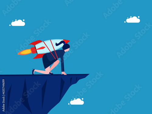 Courage to take risks and determination. Businesswoman starting a rocket flight from a cliff vector