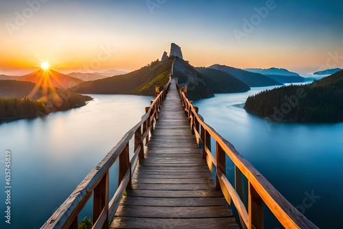 wooden bridge over lake , bridge over lake , mountains lake and bridge  