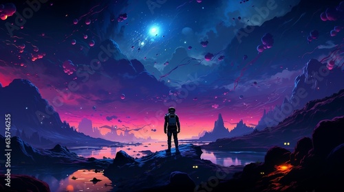 An illustration of a man standing on a rock in front of a colorful sky AI Generated © stocksbyrs