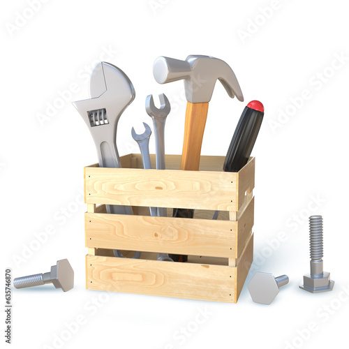 3D Rendering Wooden Toolbox With Tools Isolated On Transparent Background, PNG File 