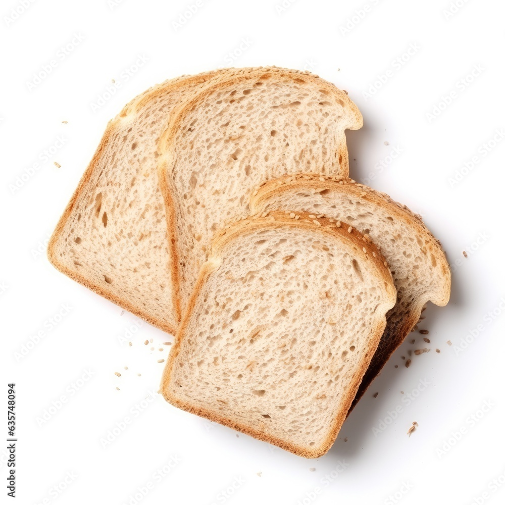 Sliced bread on a white background. Bread slices and crumbs viewed from above. Generative AI.