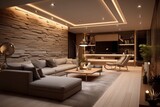 Close up details of a sleek living room, contemporary living room sofa, couch, pillows, LED lights and designer wood details