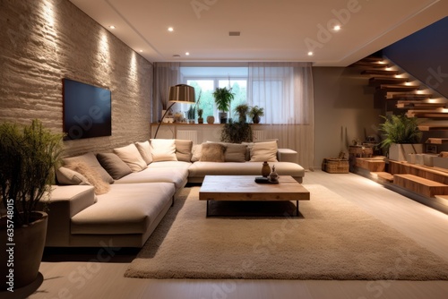 Close up details of a sleek living room, contemporary living room sofa, couch, pillows, LED lights and designer wood details © aboutmomentsimages