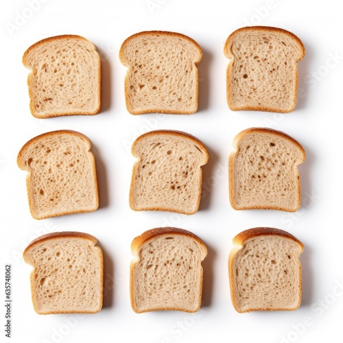 Sliced bread on a white background. Bread slices and crumbs viewed from above. Generative AI.