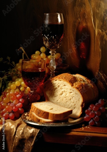 Bread and wine prepared on a crowded table. Celebration concept. Generative AI.