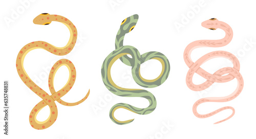 Vector set of cartoon snakes isolated from background. Clipart collection of serpents in various poses in pastel colors
