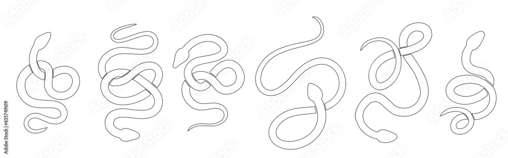 Vector set of black contour silhouettes of snakes in various poses. Collection of monochrome outline cobras and boas isolated from background.