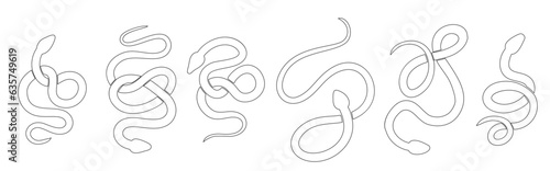 Vector set of black contour silhouettes of snakes in various poses. Collection of monochrome outline cobras and boas isolated from background.