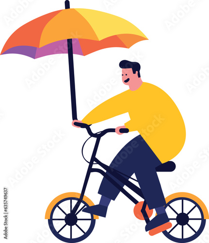 Hand Drawn man riding a bicycle and holding an umbrella in flat style
