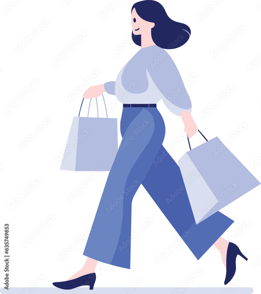 Hand Drawn happy Woman holding shopping bags and walking in shopping mall in flat style Hand Drawn happy Woman holding shopping bags and walking in shopping mall in flat style