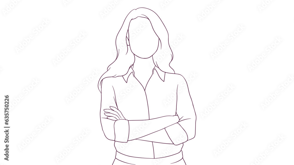 confident businesswoman standing tall with crossed arms, hand drawn style vector illustration