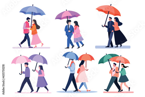 Hand Drawn couple holding umbrellas in the rain in flat style