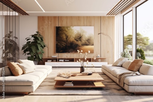 Luxury living room in house with modern interior design, velvet sofa, coffee table, pouf, gold decoration, plant, lamp, carpet, mock up poster frame and elegant accessories. 3d render.