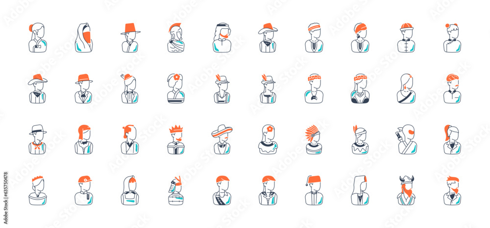 Set of people diversity vector Icons for web and app. People from different countries in costumes.
