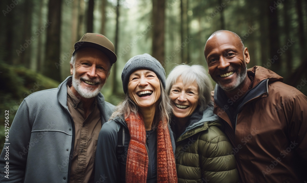 Group of older have a fun people in the forest. Group of older have a fun people in the forest.