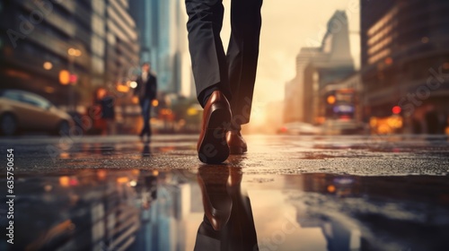 Feet of businessman walking on modern city road , start to vision think of a successful concept.