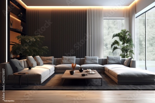 Luxury living room in house with modern interior design, velvet sofa, coffee table, pouf, gold decoration, plant, lamp, carpet, wooden walls and accessories. © aboutmomentsimages