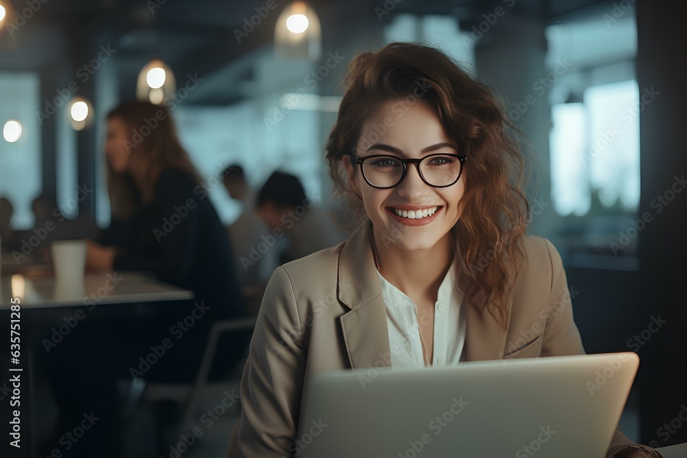 Fototapeta premium A businesswoman in the office is sitting at her desk and laptop.