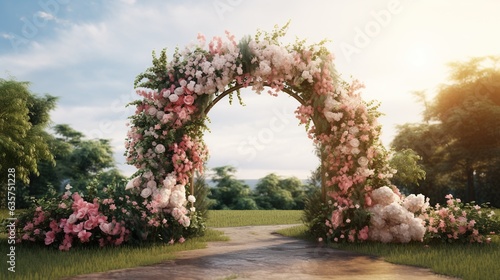 Fotografiet Generative AI, Wedding ceremony boho rustic style arch with flowers and plants, flower bouquets