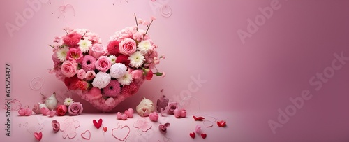 Festive romantic pink background with heart-shaped flowers and a place for text, copy paste. photo