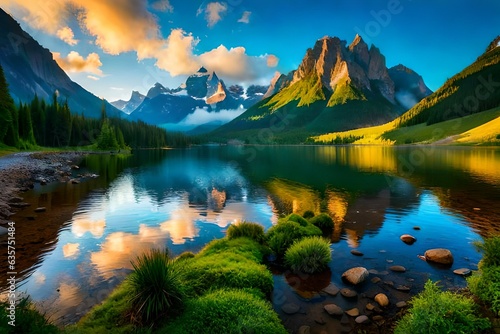 clouds over the lake and mountains in woods during summer spring season , lake, mountains and trees and clouds
