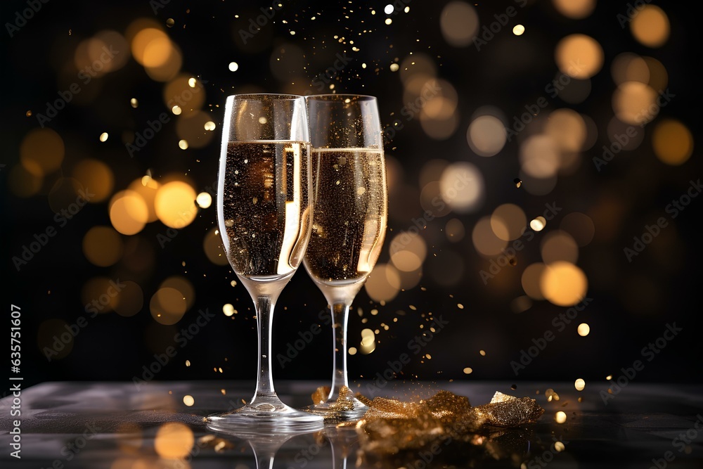Two glasses of champagne with splashes on a blurry background with bokeh. the atmosphere of the holiday. Two glasses of champagne with splashes on a blurry background with bokeh. the atmosphere of the holiday.