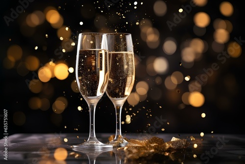 Two glasses of champagne with splashes on a blurry background with bokeh. the atmosphere of the holiday.