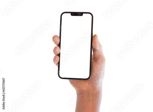 Hands holding smartphone isolated on transparent background - PNG format.