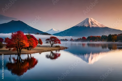 Colorful Autumn Season and Mountain Fuji with morning fog and red leaves at lake , autumn trees in lake and mountains in winter